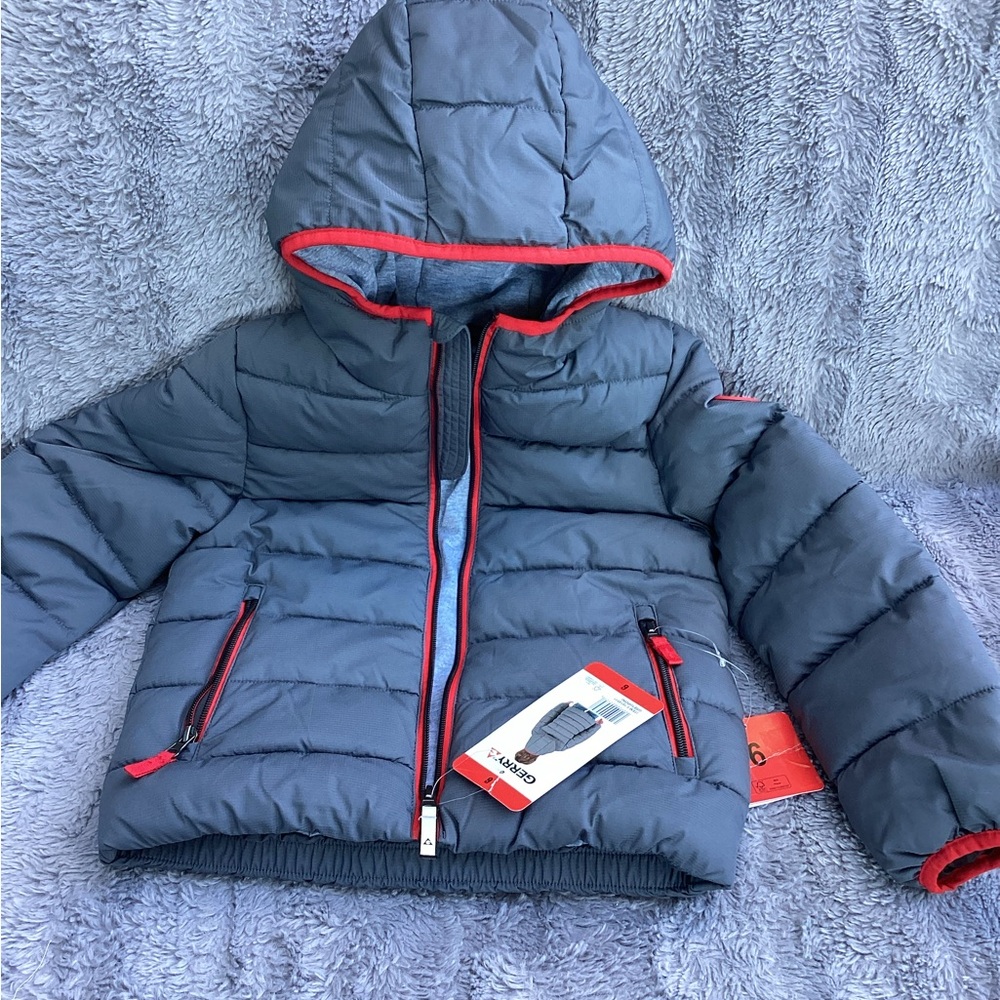 GERRY Kids Gray Lined Puffer Jacket with Red Trim